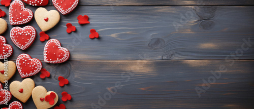 Valentine s day background with hearts on rustic wooden board.