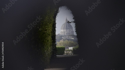 Rome Italy. 11-11-2023. Close-up dome of St. Peter seen through the keyhole in the Orange Garden. Video 4K