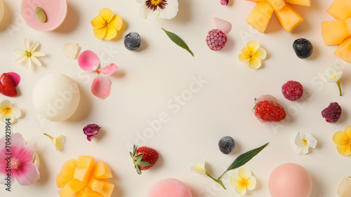 Flat lay composition with fresh berries, mango and flowers on pastel beige background with copyspace for text. Pattern with fresh summer fruits, bath bombs, body butter or cookies.