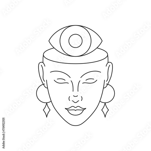 Y2k sacred mythology woman all seeing eye wisdom providence monochrome line retro groovy icon vector