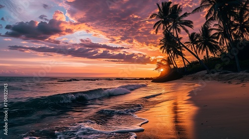 A breathtaking sunset paints the sky above a tropical beach, where palm trees sway and the ocean gently kisses the shore.