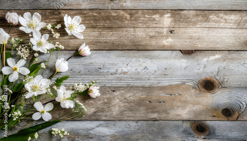 Spring flowers on a rustic wooden background