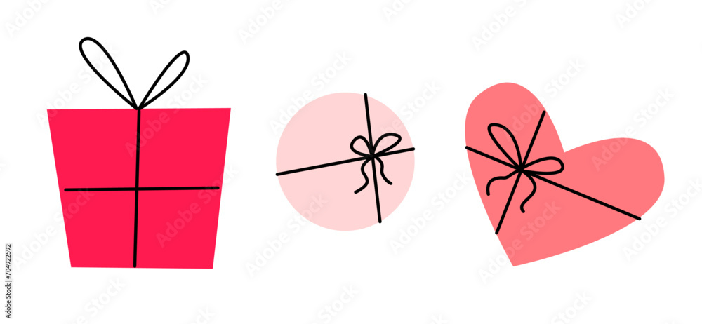 Gift boxes with ribbon. Valentine's Day pink and red presents. Round, Square and Heart shaped boxes with bow. Cartoon vector flat illustration. Gift boxes with ribbon. Valentine's Day pink and red presents. Round, Square and Heart shaped boxes with bow. Cartoon vector flat illustration.