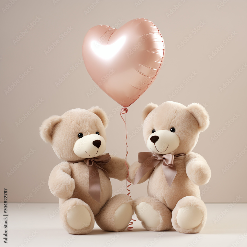 two teddy bears, heart, Valentine's Day, holiday, cute