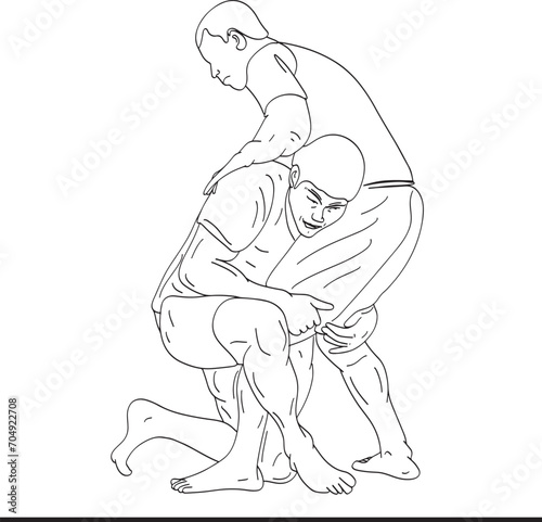 Double leg takedown wrestling illustration, Two wrestlers engaged in a struggle clipart, Wrestlers in action vector art