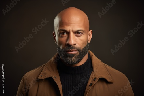 Portrait of a bald man with a beard in a brown coat.