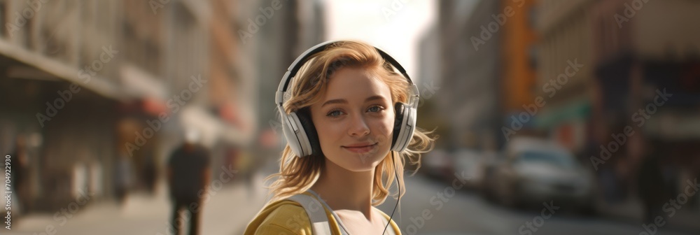 A girl, wearing headphones, smiles warmly as she looks at the camera against a blurred city background, capturing a moment of connection and urban vibrancy. A girl, wearing headphones, smiles warmly as she looks at the camera against a blurred city background, capturing a moment of connection and urban vibrancy.