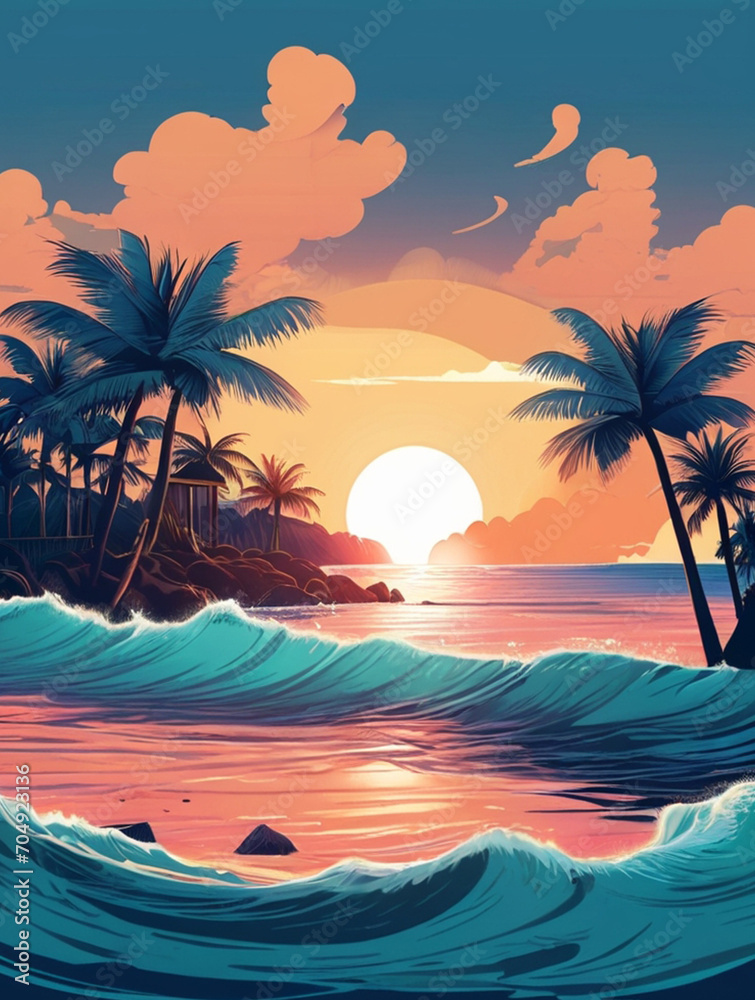 sunset on the beach, sticker design, sea, sunset at the beach, illustration, ai generated