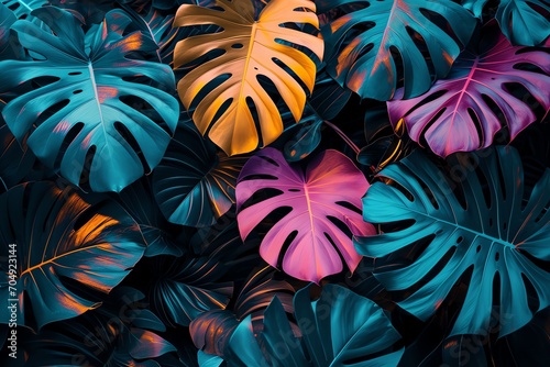 Fluorescent color layout made of tropical leaves on black background photo