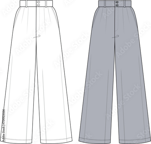 Ladies Formal Palazzo Pant Flat Drawing Illustrator Technical Vector. Wide Leg Formal Trousers. Pants palazzo technical fashion illustration with extended normal waist, high rise, full length drawing.