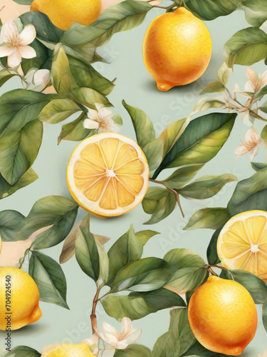 lemon fruit background, lemon with leaves, ai generated, summer citrus fruit