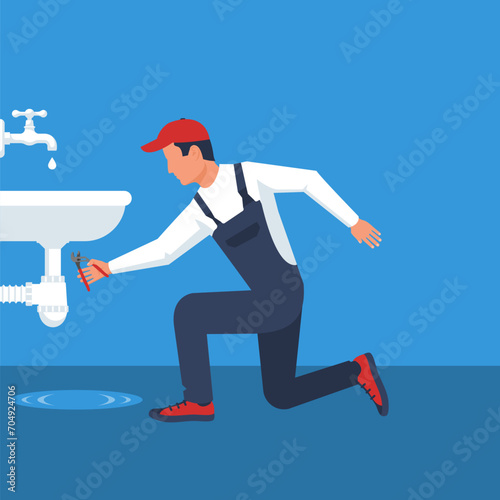 Professional plumbers service. Fixing the plumbing in a sink. Wrench hold in hand. Repair and fix the leaking washbasin. Vector illustration flat design.