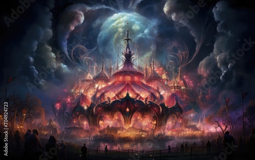 A picture of a mystical carnival where abstract smoke signals herald the arrival of enchanting spectacles  Abstract smoke.