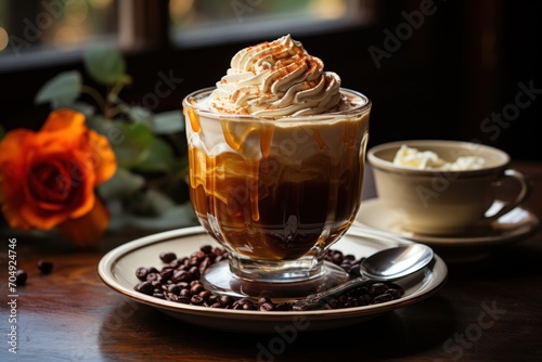 Coffee cup topped with whipped cream on wood surface, image of coffee cup