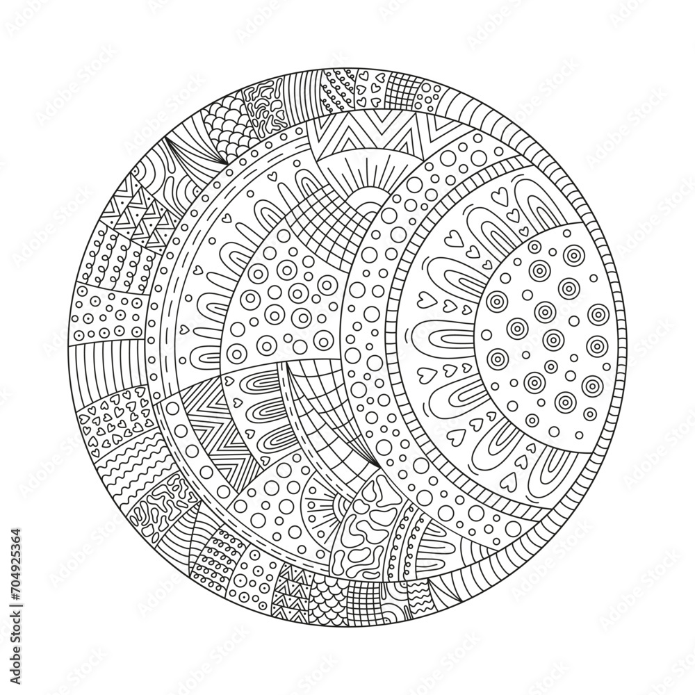 Abstraction in a circle on a white isolated background. Coloring book for children and adults. Simple outline antistress drawing.