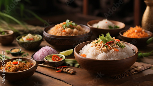 A side view shot of Rice Thai delicacies on a wooden table the natural grains of the wood complement the authenticity of the cuisine  enticing viewers to experience the fusion of flavors