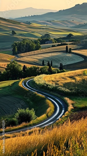 The golden hour casts a soft glow over a serpentine road embraced by the lush fields and hills of the countryside, inviting a scenic drive