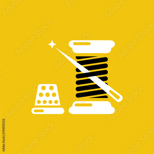 Spool of thread with a needle and a thimble black icon. Logo for atelier tailoring. Tailor tools. Vector illustration flat design. Isolated on background. Sewing craft.