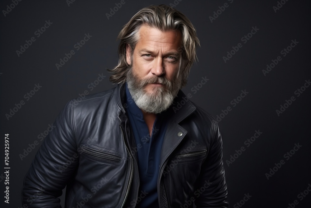 Portrait of a handsome senior man with long gray hair and beard wearing a leather jacket.