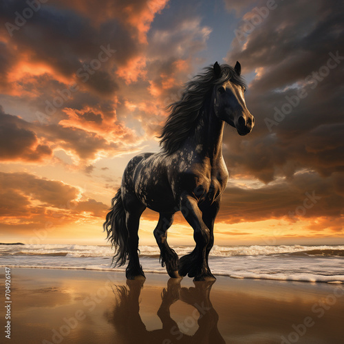 a friesian horse stands on top of a sandy beach under a cloudy blue and orange sky with sunset.