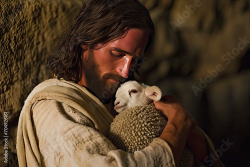 Jesus Christ tenderly holding a cute newborn lamb with a feeling of protection and care. photo