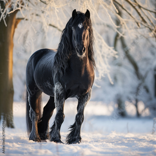 beautiful friesian horse developing its mane in a snowy forest among the snow on a frosty morning at dawn © Виктория Дубровская