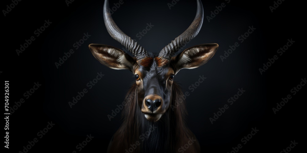 A goat with sharp, long horns is depicted in a portrait against a black backdrop.