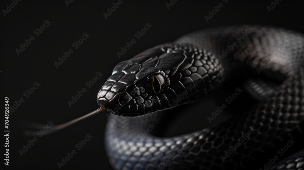 Naklejka premium A snake, with its forked tongue sticking out, is seen against a black background.