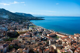 High angle view over the bay, mountains and village of Cefalu, Italy