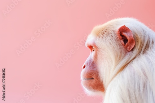 An albino monkey, reminiscent of a bored ape NFT, poses against a pink background.