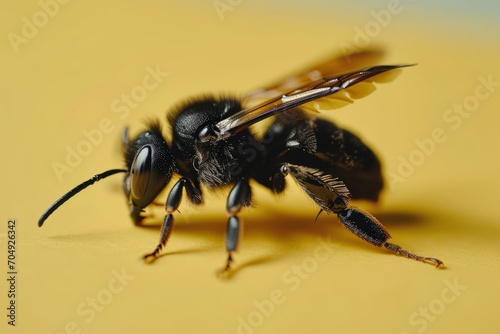 A bee, with its large antennae and body covered in bees, is seen on a yellow surface.