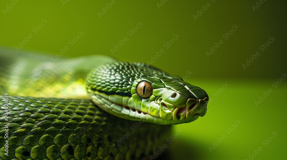 A snake, with green skin and scales, is seen on a green surface, possibly surrounded by other snakes. A snake, with green skin and scales, is seen on a green surface, possibly surrounded by other snakes.