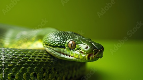 A snake  with green skin and scales  is seen on a green surface  possibly surrounded by other snakes.