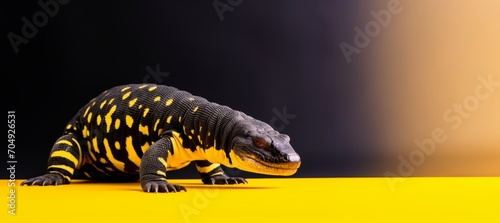 A toy lizard, possibly an angry gecko or salamander, sits on a yellow surface, its contrasting colors visible. photo