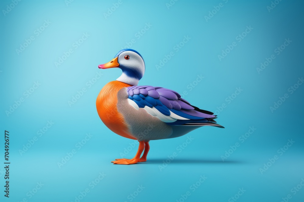 Obraz premium A duck, standing on a blue surface, is seen in a detailed portrait, its beauty on display.