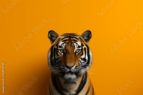 A tiger, possibly a hybrid or anthropomorphic one, is seen standing in front of a yellow wall. photo