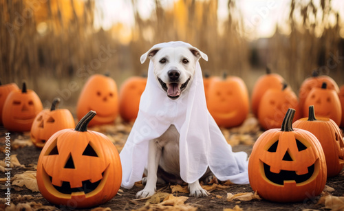 halloween jack o lantern and dog