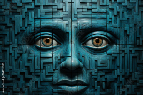 A person's face, a collection of squares, presents a detailed and unique appearance.