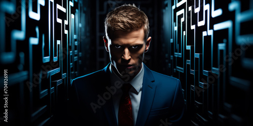 A man in a suit and tie stands in a dark room, possibly a blockchain vault or a server room, exuding a domineering presence.