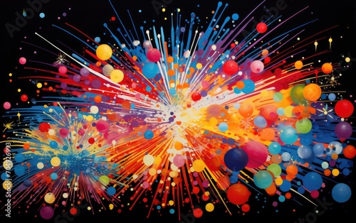 An abstract interpretation of a fireworks display using explosive bursts of vibrant shapes.