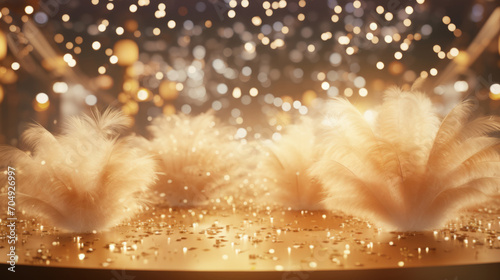 Some feathers are seen on a table, under bokeh volumetric lighting, against a shiny gold background.