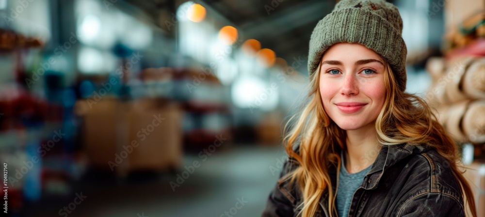 happy female warehouse worker smiling in warehouse, horizontal background, copy space for text