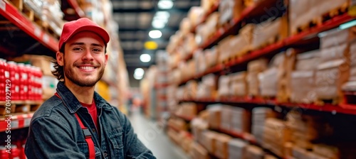 happy man warehouse worker smiling in warehouse, horizontal background, copy space for text