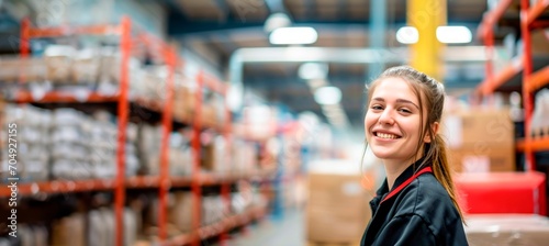 happy female warehouse worker smiling in warehouse, horizontal background, copy space for text