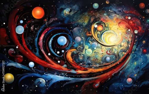 An abstract representation of the cosmos with swirling galaxies of colorful shapes.
