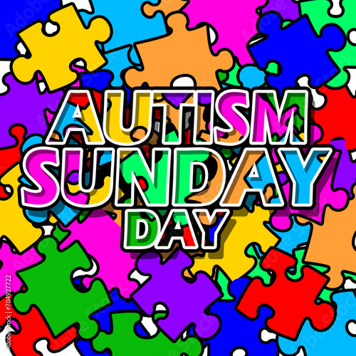 Autism Sunday event banner. Bold text decorated with colorful puzzle pieces to commemorate on February