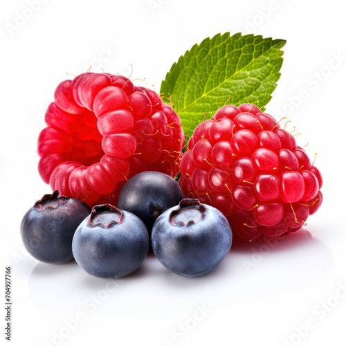 Mixed berry cutout minimal isolated on white background. Fresh raspberry falling, closeup. Summertime concept for package, grocery product advertising. Realistic berry, icon, detailed.