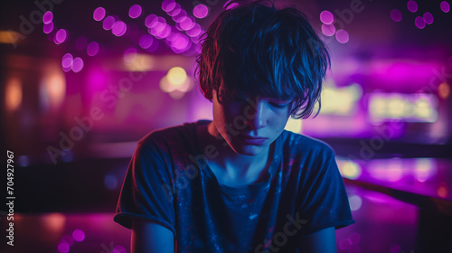 Lonely Shadows in the Disco Portrait of a Teenager Lost in Melancholy Amidst the Neon Glow 