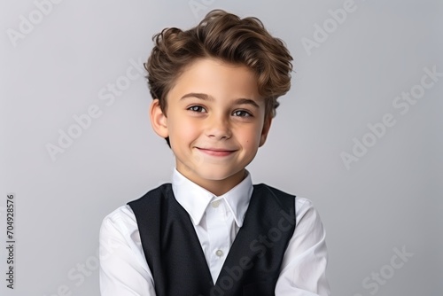Portrait of a cute little boy in a suit on a gray background