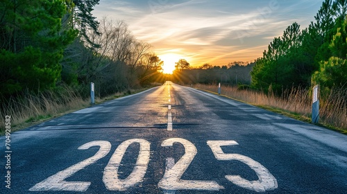 new year 2025 or start straight concept, word "2025" written on the asphalt traffic rush road for new year at sunset, generative ai